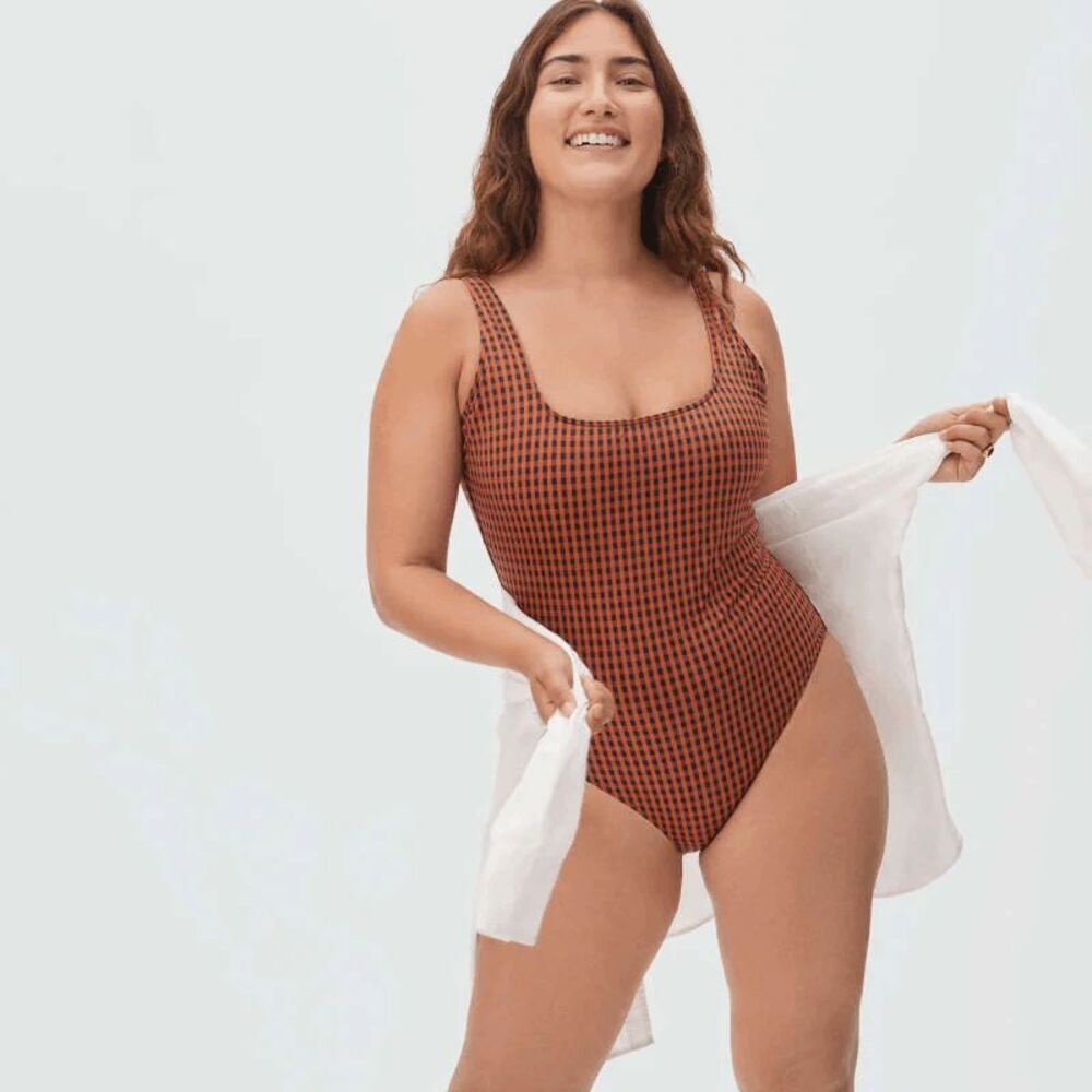 Everlane Orange Black Gingham Square Neck One Piece Swimsuit Women's Size Small